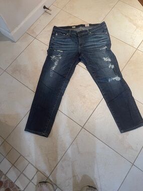 AG Adriano Goldschmied Dark Blue Distressed Ankle Jeans